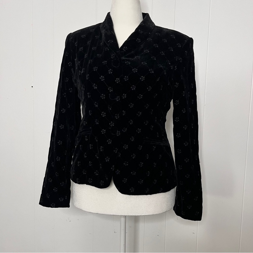 Laura Ashley Velvet Embroidered Fitted Black Blazer Jacket Women's 10 Silk Blend